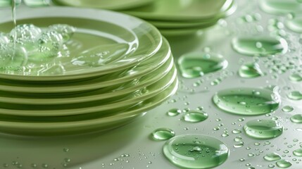 Stack of green plates on a table, perfect for kitchen or dining concepts