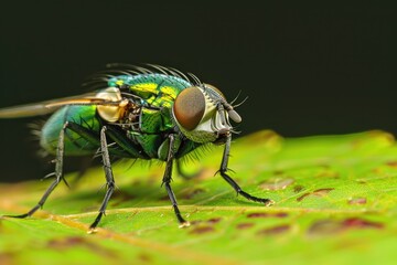 Macro photography of a green bottle fly on a leaf. Insect life in nature.