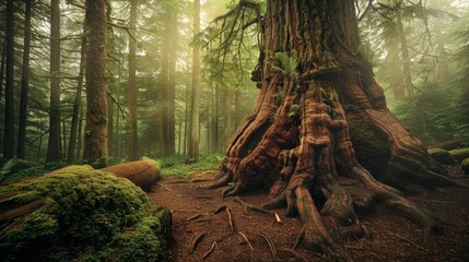 Obraz premium A large tree standing in the middle of a forest. Suitable for nature and environmental themes