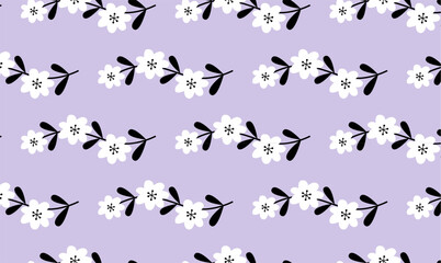 Seamless pattern of white spring blossoms and branches on violet background. Floral design for textile, wallpaper, wrapping paper. Flower backdrop.