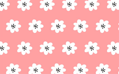 Seamless pattern of white spring blossoms and branches on pink background. Floral design for textile, wallpaper, wrapping paper. Flower backdrop.