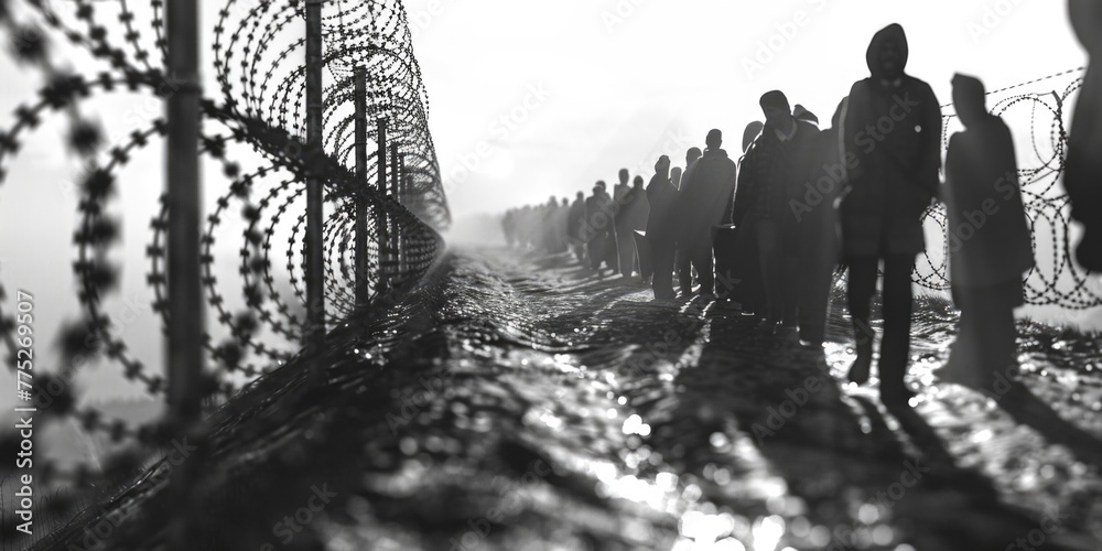Poster group of individuals near a security fence. suitable for security concepts