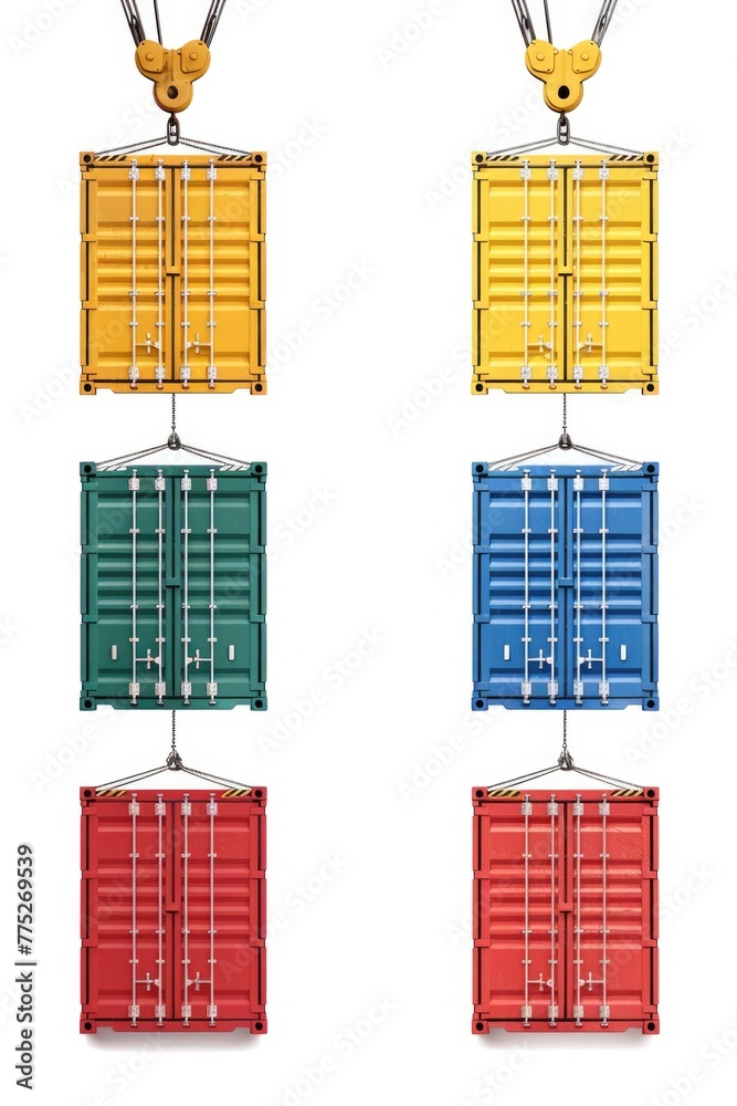 Poster four colored shipping containers with a crane, suitable for industrial concepts