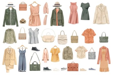 Stylish collection of women's clothing and bags, perfect for fashion and shopping concepts