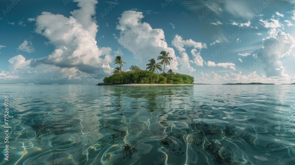 Poster a serene image of a small island in the middle of the ocean. perfect for travel or nature themes