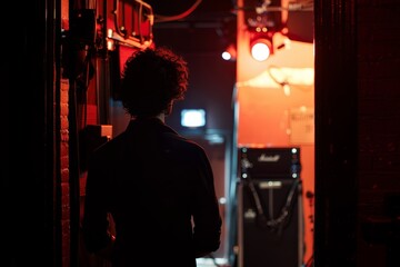 Fototapeta na wymiar Silhouette of a Musician Backstage Before Performance