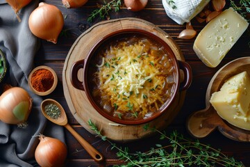 Overhead View of Classic French Onion Soup and Condiments - obrazy, fototapety, plakaty