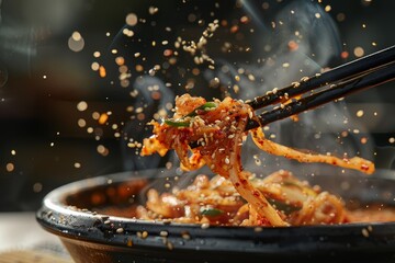 Explosion of Flavor, Chopsticks Lifting Spicy Kimchi - obrazy, fototapety, plakaty