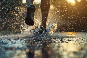 Fotobehang Jogging Through Puddles, Motion Shot of Running Shoes © Ilia Nesolenyi