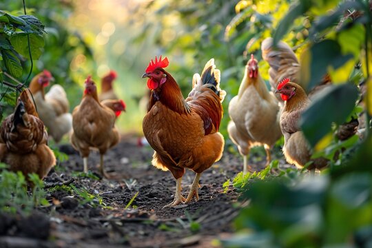 a group of chickens walking on dirt