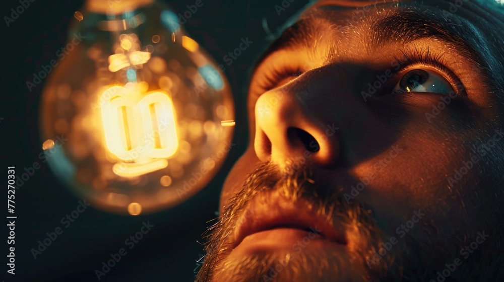 Poster a man staring up at a glowing light bulb. suitable for concepts of innovation and ideas