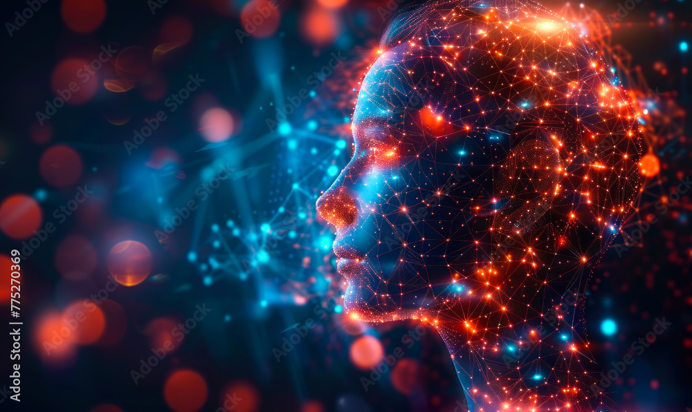 Poster cutting-edge deep learning visualization: human silhouette with neural network connections symbolizi