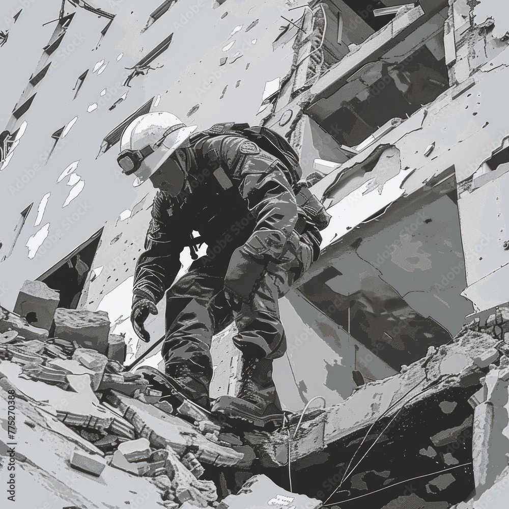 Poster a man wearing a white helmet standing in front of a black and white photo of a building. suitable fo