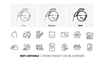 Coffee pot, Graph phone and Build line icons. Pack of Pet shelter, Photo studio, Checkbox icon. Discount banner, Document, Pets care pictogram. Hold heart, Opened gift, Strategy. Smile. Vector