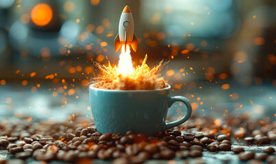 Rocket Launching from a Coffee Cup: A Creative Conceptual Representation of Energy Boost, Startup Growth, and the Power of Caffeine - obrazy, fototapety, plakaty