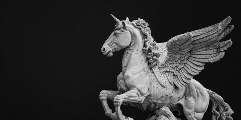 A striking black and white photo of a majestic winged horse statue. Ideal for artistic projects and...