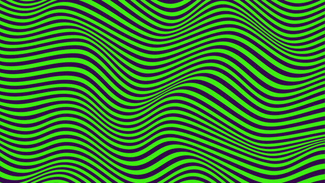 Abstract green wavy 3d line on dark purple background. Neon light backdrop. Digital screen. NFT Card. banner. Wave Pattern. Climate tech. Trippy texture. Geometric shape. Sustainable energy concept.