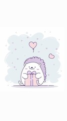 A light card with a cute hedgehog in a festive mood holding a gift. Copy space banner