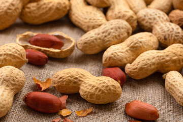Peanut. Roasted peanuts in shell on burlap - 775270933