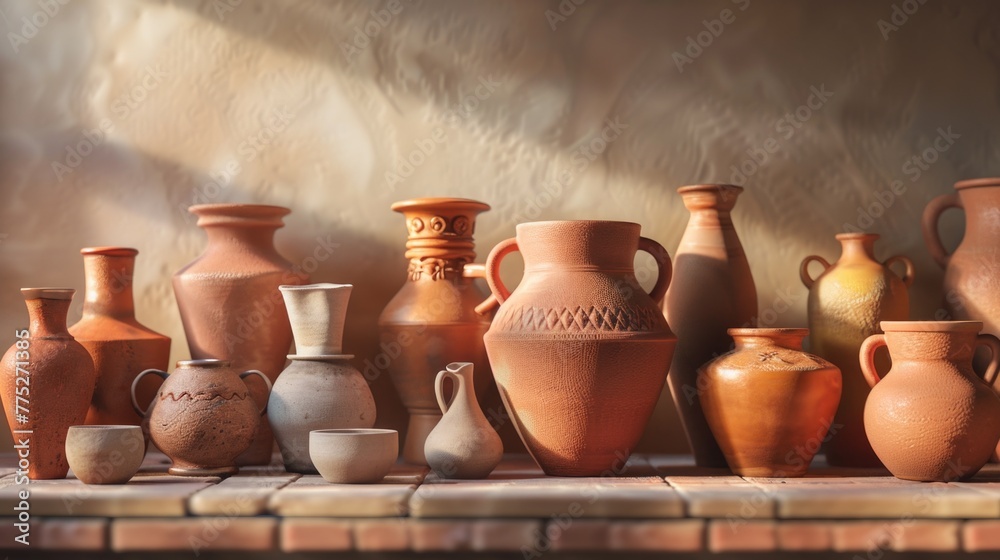 Poster a group of vases sitting on top of a table. ideal for home decor or interior design concepts