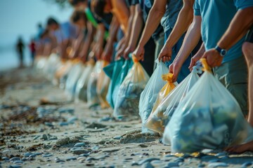 Volunteer Group Beach Trash Collection Initiative - obrazy, fototapety, plakaty