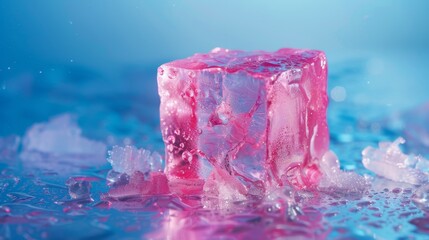 High-resolution view of a cold, pink ice blocks textured surface on a contrasting blue backdrop - obrazy, fototapety, plakaty