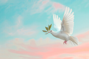 White dove carrying a little olive leaf branch celebrating the World Peace Day celebration