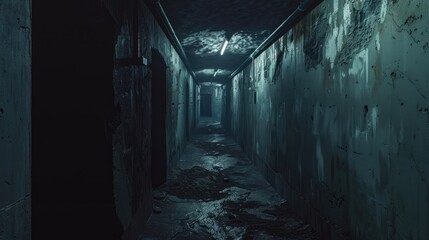 A long dark hallway with a single light source on the ceiling. Ideal for illustrating mystery or horror themes - obrazy, fototapety, plakaty