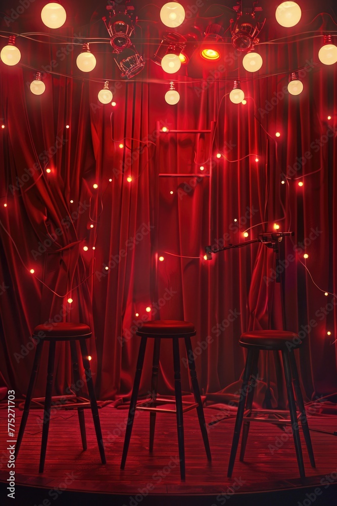 Aufkleber a stage with a red curtain and two stools, suitable for theatrical or performance concepts