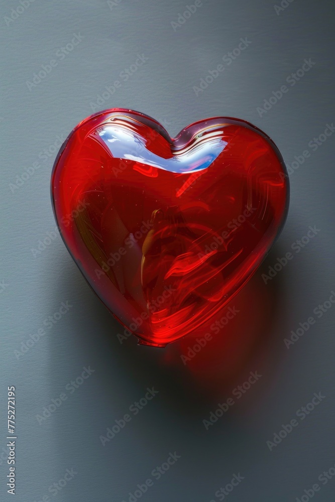 Poster a red heart-shaped object on a table, suitable for various romantic themes