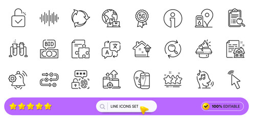 Cursor, 5g technology and Lock line icons for web app. Pack of Survey progress, Petrol station, Street light pictogram icons. Sound wave, Translate, Strategy signs. Lease contract. Search bar. Vector