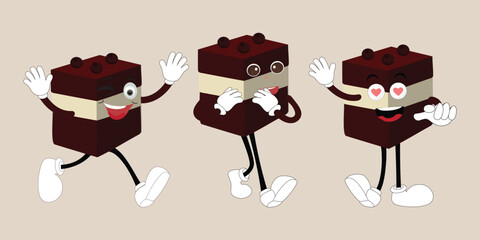 Fototapeta premium Groovy cake sliced cartoon mascot character with smile. Funny retro birthday cake slice in sneakers, confectionery mascot, Graphic element for website
