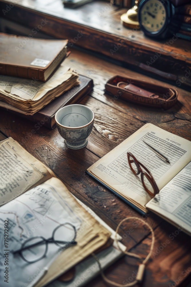 Poster a table filled with books and glasses, perfect for educational and reading concepts