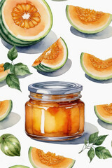 Melon jam or marmalade and fresh melon in watercolor style.