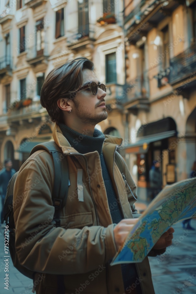 Aufkleber A man with a backpack studying a map. Suitable for travel and navigation concepts