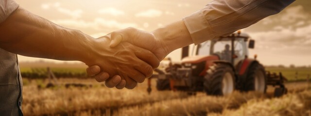agribusiness handshake business deal agreement between businessman and farmer, purchase sell tractor farm machinery equipment, partnership cooperation collaboration in agriculture business  - obrazy, fototapety, plakaty