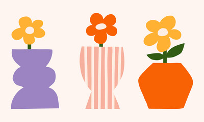Bright flower in vase vector clipart. Trendy paper cut floral illustration set. Flat botanical elements