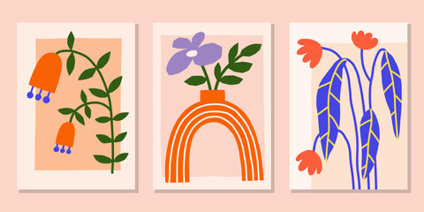 Abstract flower vector poster set. Floral summer wall art. Matisse prints with plant in pot
