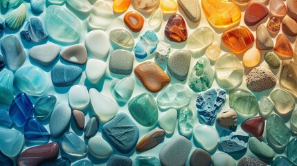 Top view of gleaming sea glass and stones on the beach, a colorful mosaic under soft lighting, capturing summers essence