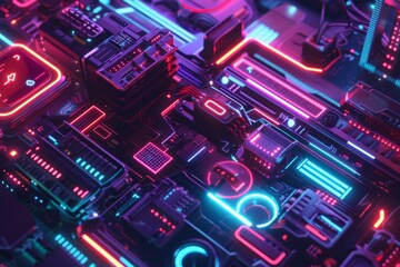 Obraz premium Cyberpunk-style technologies of the future in neon light. Wallpaper background for computer recalms, etc