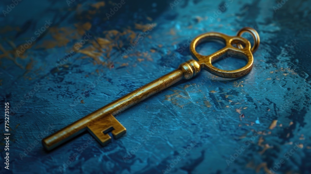Poster a golden key laying on a blue surface, suitable for various concepts and designs