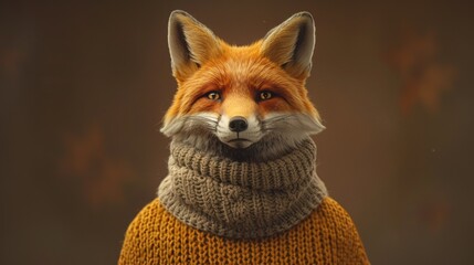 Fototapeta premium A fox wearing a sweater and scarf with its eyes closed, AI