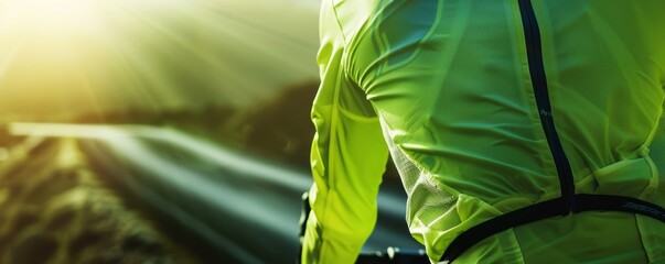 Cyclist viewed from behind on sunlit road. Close-up sports and fitness concept with vibrant green jacket. - obrazy, fototapety, plakaty