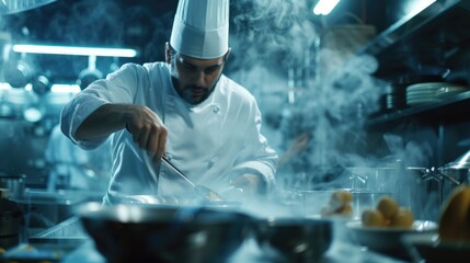 A chef cooking in a kitchen with smoke, suitable for food industry
