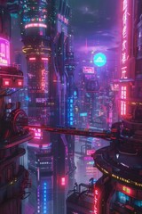 Cyberpunk-style technologies of the future in neon light. Wallpaper background for computer recalms, etc