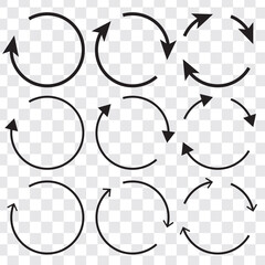 Set of circle arrows. Concentric, radial lines, circles icon. Refresh, reload, recycle, loop rotation sign collection. Black circle arrows for infographics, web design. Flat style vector illustration. - obrazy, fototapety, plakaty
