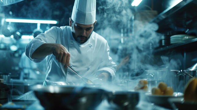 Naklejki A chef cooking in a kitchen with smoke, suitable for food industry