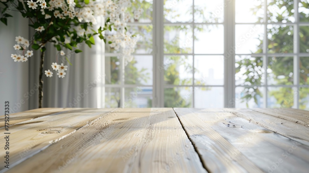 Aufkleber a simple wooden table with a vase of flowers in front of a window. suitable for home decor concepts