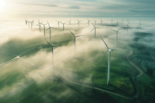 Misty wind farm at sunrise.