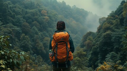 A woman with a backpack standing in front of trees and mountains, AI - Powered by Adobe